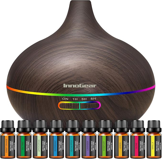 InnoGear Aromatherapy Diffuser & 10 Essential Oils Set, 400ml Diffuser Ultrasonic Diffuser Cool Mist Humidifier with 4 Tim...