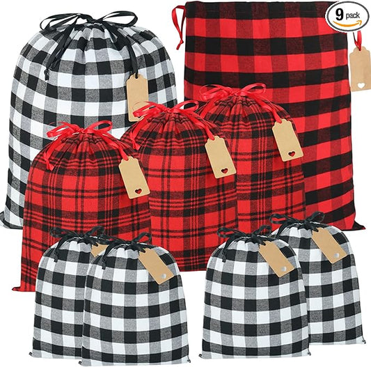 HRX Package Fabric Gift Bags Drawstring Assorted, 9pcs Reusable Christmas Wrapping Sacks Buffalo Plaid Cloth Bag with Gift...