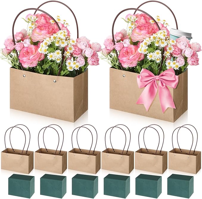 6 Set Mother's Day Flower Gift Boxes with Floral Foam Blocks, Bouquet Carrier Bags with Handle, Paper Flower Box for Bouqu...