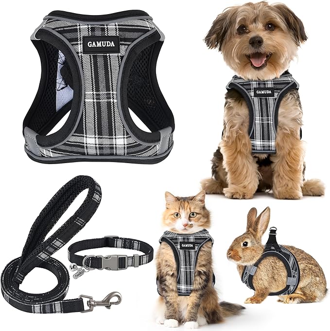 GAMUDA Small Dog Harness Collar and Leash Set, Step in No Chock No Pull Soft Mesh Adjustable Dog Vest Harnesses Plaid Refl...