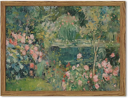 Framed Vintage Floral Landscape Canvas Wall Art, Rose Garden Pond Wall Decor Paintings, Rustic Cottagecore Nature Plant Pi...