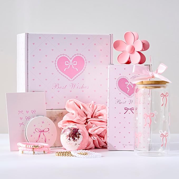 LANGASQUE Birthday Gifts for Women Teen Girls, Happy Birthday Gift Baskets for Women, Coquette Pink Bow Glass Cup Gift Box...