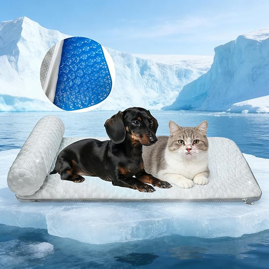 GeerDuo Pet Cooling Mat for Cats & Small Dogs, Self-Cooling Fabric with Supportive Pillow, Non-Gel Leak-Proof Washable, In...