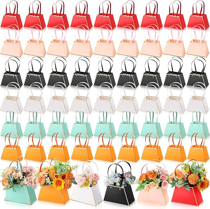 Ctosree 60 Pcs Flower Gift Bags Portable Floral Paper Bouquet Bags Flower Box for Arrangements with Handle Florist Supplie...