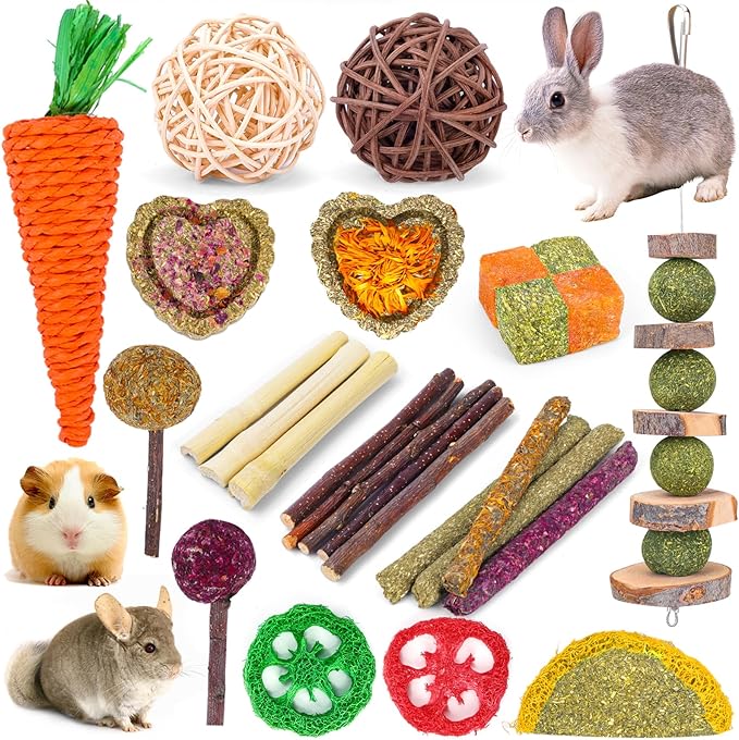 VESPRO Bunny Teys for Rabbits Hamster/Guinea Pig Toys Natural Timothy Hay Sticks chew Treats and Balls for Rabbit, Bunny, ...