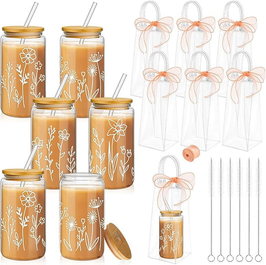 Mumufy 6 Sets Boho Floral Glass Cups with Clear Gift Bag 16 oz Reusable Flower Iced Coffee Mugs Aesthetic Cute Tumbler wit...