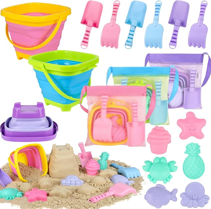 Collapsible Beach Toys for Kids, 3 Pack Foldable Sand Buckets and Shovels Set with Mesh Bag, Silicone Pails Shovels Molds,...