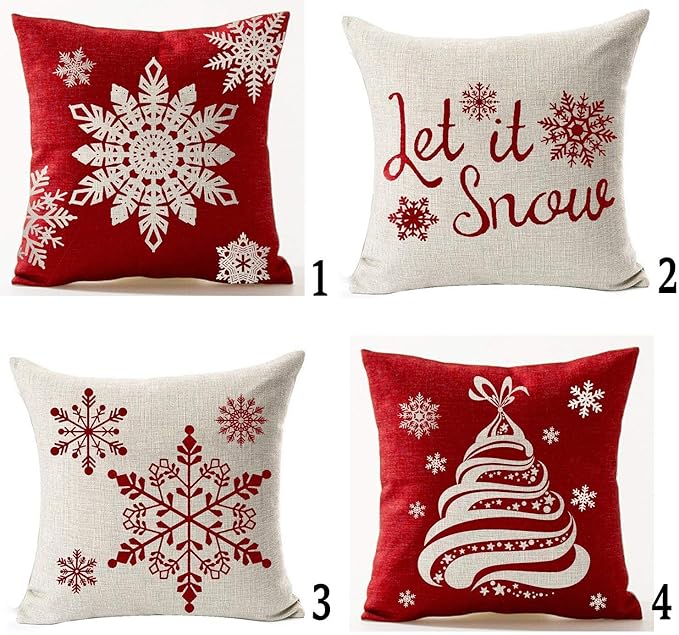 Andreannie Set of 4 Throw Pillow Cover Christmas Beige Shadow Let It Snow Snowflakes Red Cotton Linen Throw Pillow Case Cu...