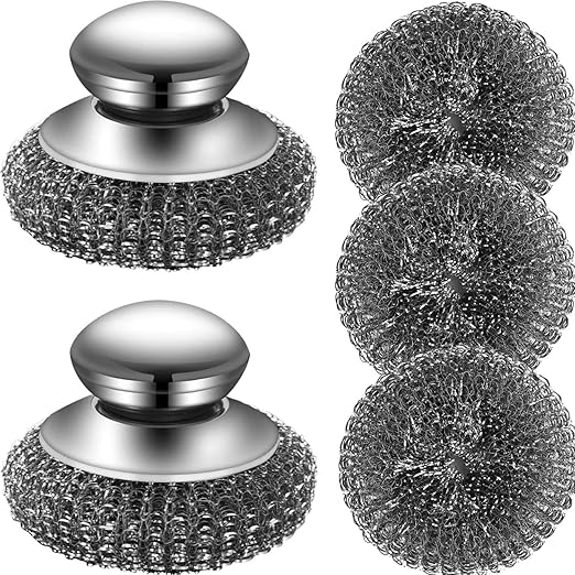 Steel Wool Scrubber with 2 Handles & 3 Replacement Wire Sponge(Scouring Pads) - Stainless Metal Cleaner Heavy Duty Brush f...