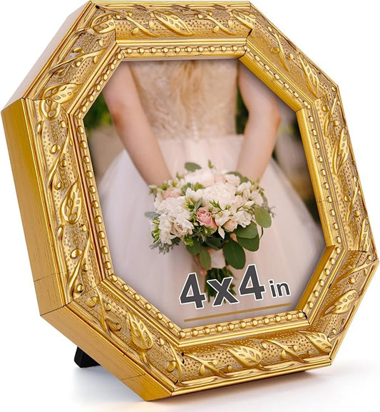 HLiWEGNS Octagon 4x4 Vintage Gold Picture Frame – Real Glass Front, Brushed Finish, Tabletop or Wall Display – Decorative ...
