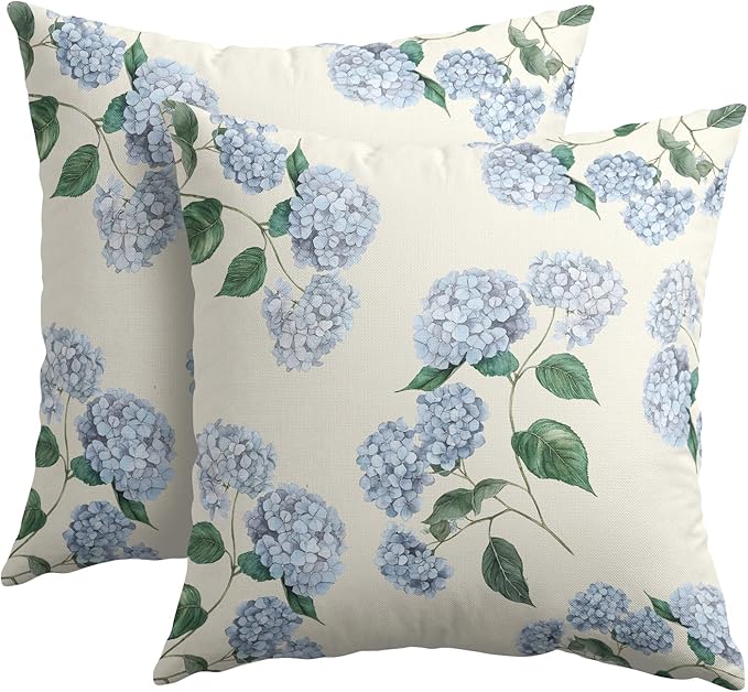 Kawani Blue Hydrangea Pillow Covers 18x18 Inch Set of 2 Blue Floral Outdoor Decorative Throw Pillow Covers Rustic Flower P...