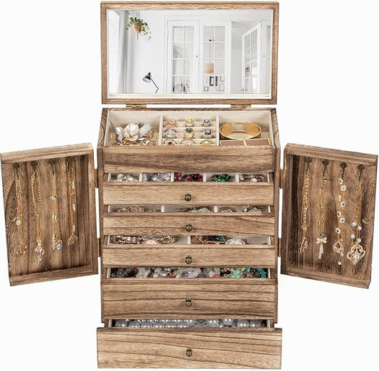 Emfogo Wooden Jewelry Box for Women, 6-Tier Large Jewelry Organizer Boxes with Mirror Rustic Solid Wood jewlery Storage Di...