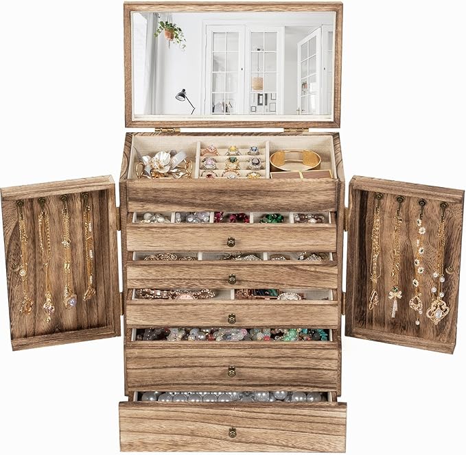 Emfogo Wooden Jewelry Box for Women, 6-Tier Large Jewelry Organizer Boxes with Mirror Rustic Solid Wood jewlery Storage Di...