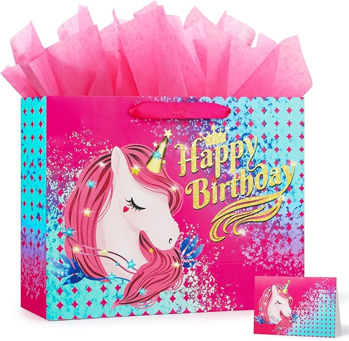 BeiLaad Unicorn Happy Birthday Gift Bag with Greeting Card and Tissue Paper, Birthday Gift Bags for Kids Girls Medium