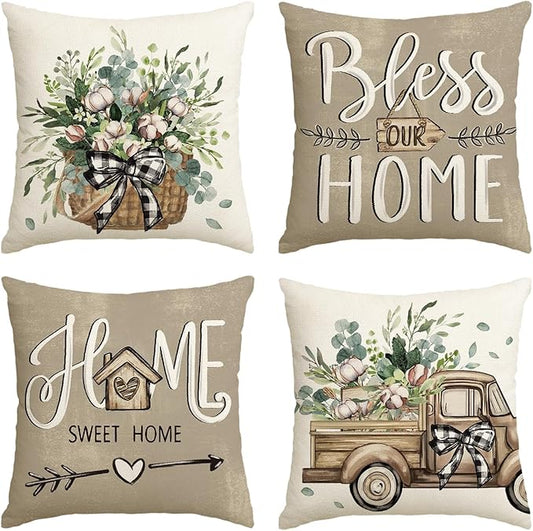 AVOIN colorlife Bless Our Home Farmhouse Eucalyptus Leaves Throw Pillow Covers, 18 x 18 Inch Truck Home Sweet Home Cushion...