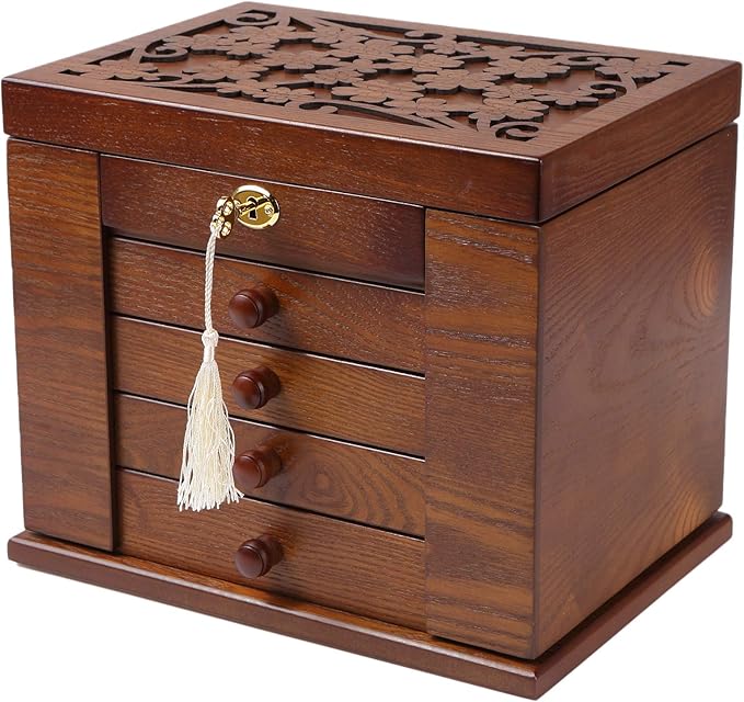 Changsuo Wooden Jewelry Box for Women, Organizer Box of Solid Wood with Lock and Key for Jewelries, Watches, Necklace, Rin...