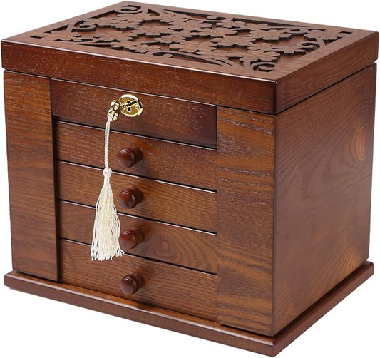 Changsuo Wooden Jewelry Box for Women, Organizer Box of Solid Wood with Lock and Key for Jewelries, Watches, Necklace, Rin...