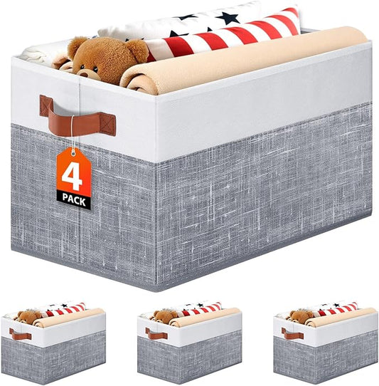Fab totes Collapsible Storage Baskets for Shelves,14"x10", 4 Pack Foldable Fabric Storage Bins with Double Leather Handle...