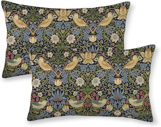 Jecuwo Floral Pillow Covers 12x20 Inch Set of 2, Sage Green Flower Bird Outdoor Decorative Throw Pillowcase William Morris...