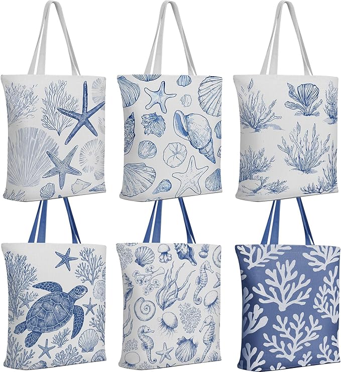 Reginary 6 Pcs Coastal Canvas Tote Bags with Pocket Summer Beach Themed Gifts Blue Seashell Starfish Conch Coral Pattern
