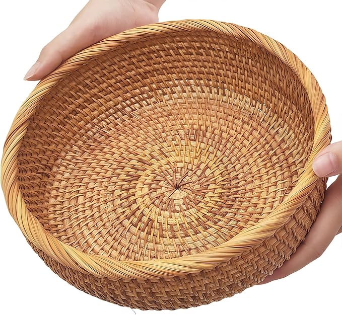 9.2" Medium Round Rattan Wicker Bread Basket, Natural Fruit Basket for Kitchen Counter, Hand Woven Food Baskets, Artisanal...