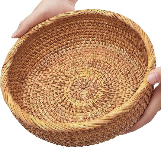 9.2" Medium Round Rattan Wicker Bread Basket, Natural Fruit Basket for Kitchen Counter, Hand Woven Food Baskets, Artisanal...