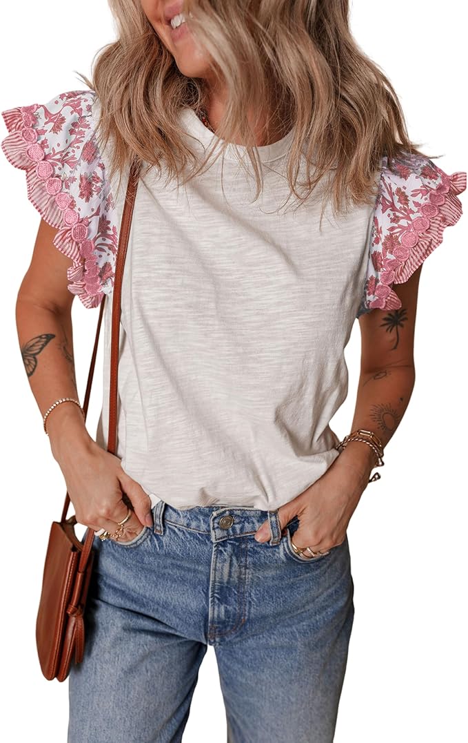 SELINK Womens Summer Ruffle Short Sleeve Top Crewneck T Shirts Floral Trim Casual Blouses