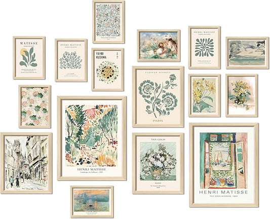 ANERZA 16 PCS Framed Sage Green Wall Art Decor, Matisse Wall Prints for Bedroom, Gallery Wall Frame Set, Abstract Posters ...