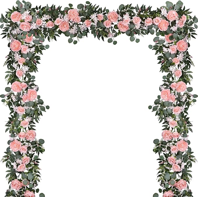 Lvydec 2 Pack Artificial Peony Flower Garland - 6ft Silk Peony Vine Willow Leaves and Eucalyptus Garland White Arch Flower...
