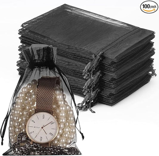 HongyiTime 100PCS Premium Sheer Organza Bags, Black Wedding Favor Bags with Drawstring, 4x6 inches Jewelry Gift Bags for P...