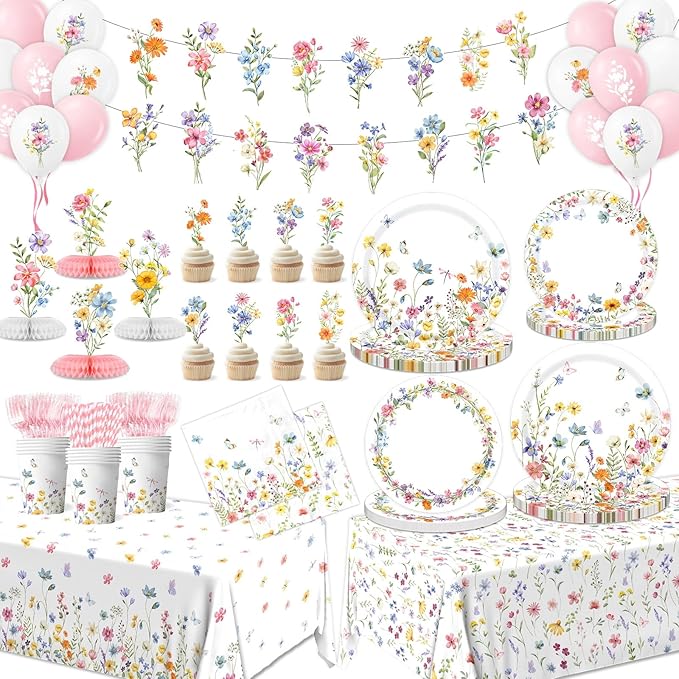 193Pcs Spring Wildflower Party Decorations Include Plates, Napkins, Cups, Balloons, Banner, Tablecloth, Cake Toppers, Hone...