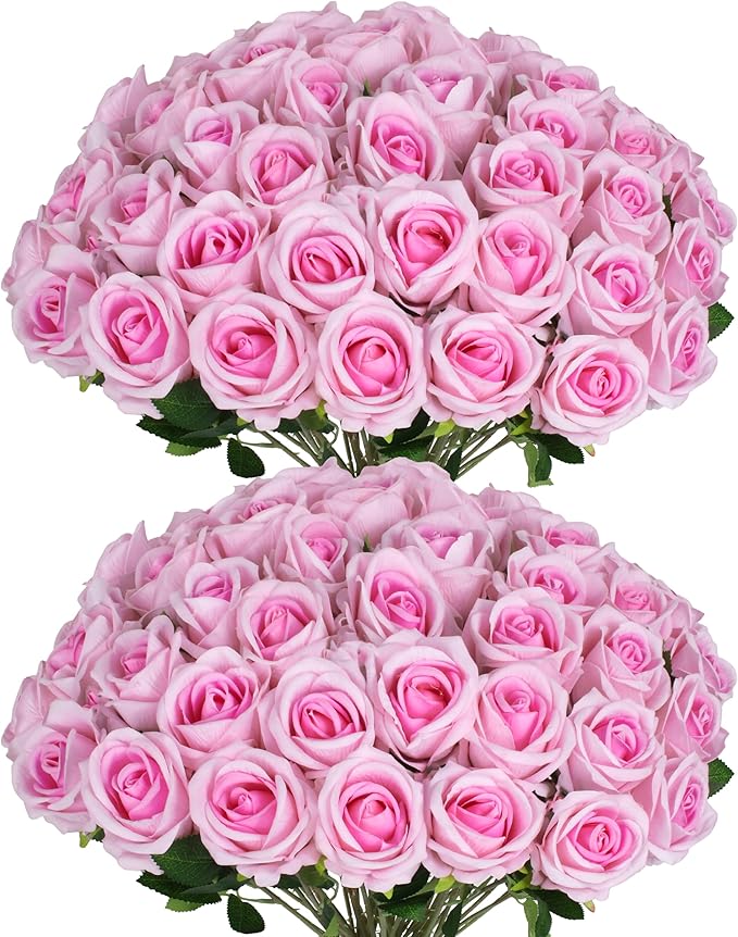 Jefuzh 50 PCS Fake Pink Roses, Artificial Flowers Bulk Realistic Silk Faux Rose with Stems for Wedding Decoration Bridal B...