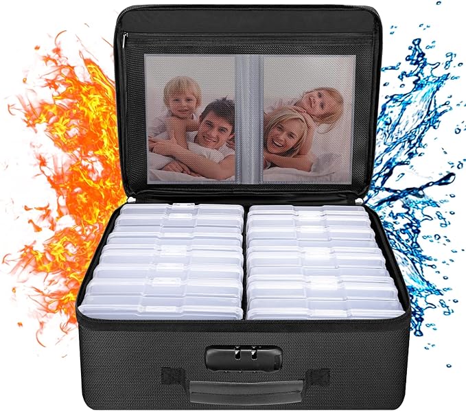 ENGPOW Fireproof Photo Storage Box with 16 Inner 4" x 6" Photo Case(Clear),Photo Box Organizer with Lock,Collapsible Porta...