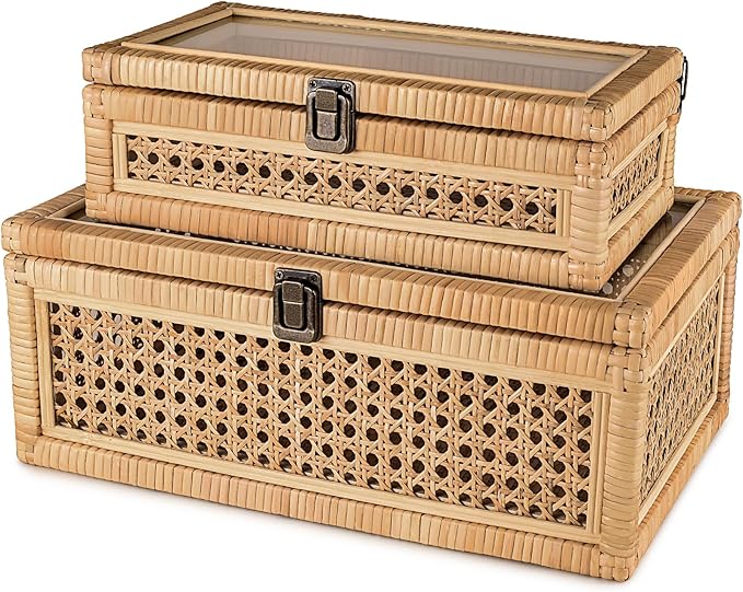 Negom Large Decorative Box Lid Display, Large Keepsake Memory Storage Box, Decorative Box Hinged Lid Woven Rattan Jewelry ...