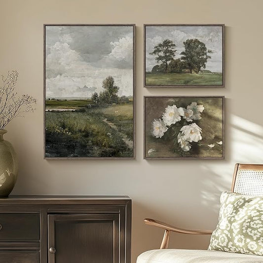 3 Piece Framed Vintage Canvas Wall Art Set, Large Green Floral and Tree Landscape Farmhouse Painting Print, French Country...