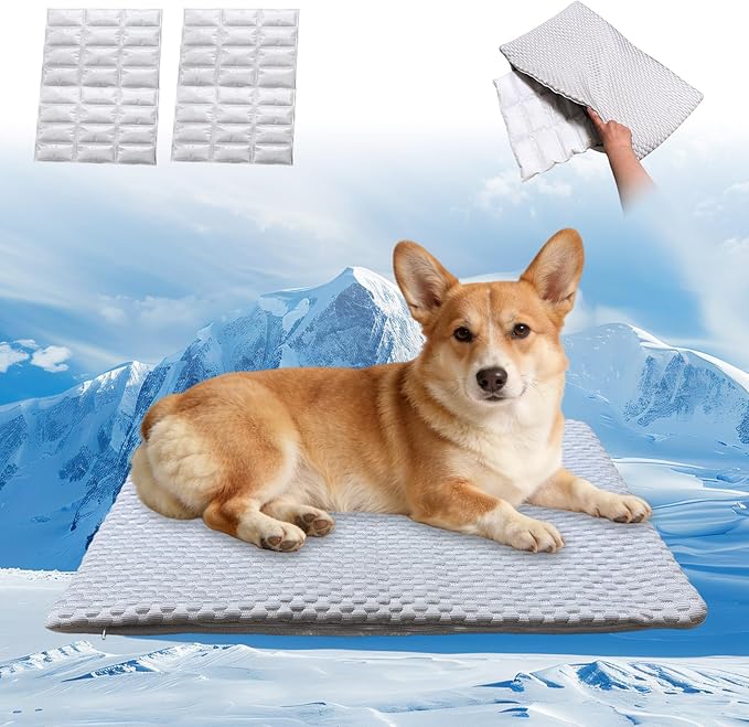 GooCare 2-in-1 Cooling Pet Mat 16"x26" for Small Dogs & Cats - Q-Max>0.4 Ice-Silk Fabric, 2 Removable Gel Inserts, Leak-Pr...
