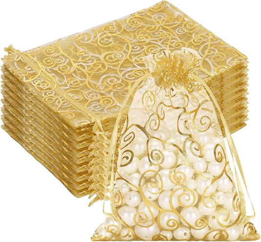 G2PLUS Organza Gift Bags 5x7 Inches - 50Pcs Sheer Mesh Organza Bags with Gold Rattan Printed, Drawstring Tulle Jewelry Pou...