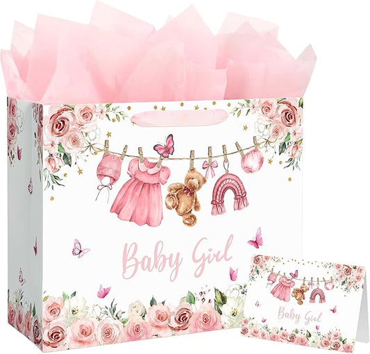 Yusenguan 13" Large Baby Gift Bag for Girl, Pink Floral Design with Handles, Tissue Paper and Gift Card, Perfect for Girl ...