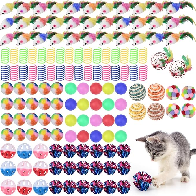 Shappy 150 Pcs Cat Toys for Indoor Cats Bulk, Kitten Toys Pack, Variety Interactive Gift Including Mice Rainbow Balls Spri...