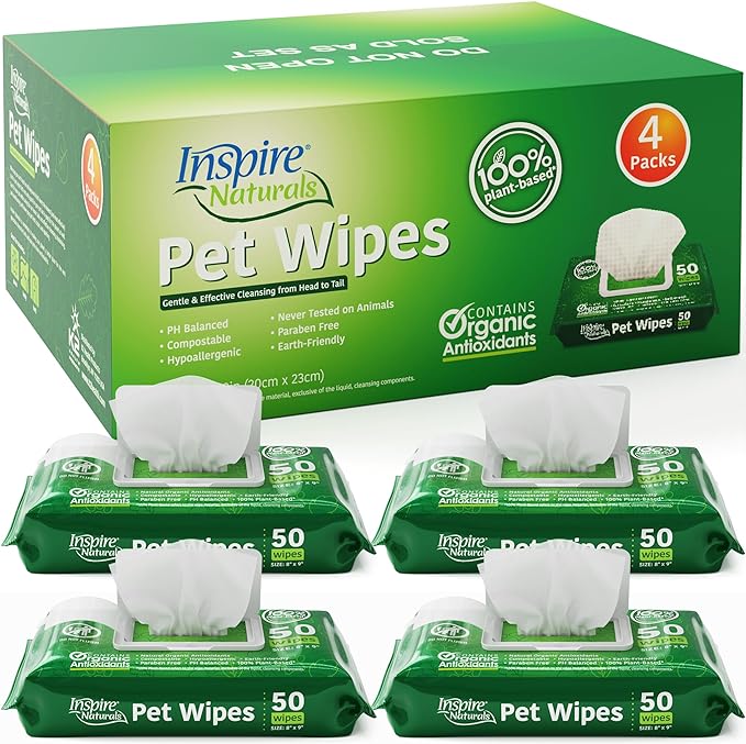 Inspire Naturals Pet Wipes for Dogs and Cats 100% Natural Plant Based with Organic Antioxidants, Dog Wipe Cleaning Deodori...