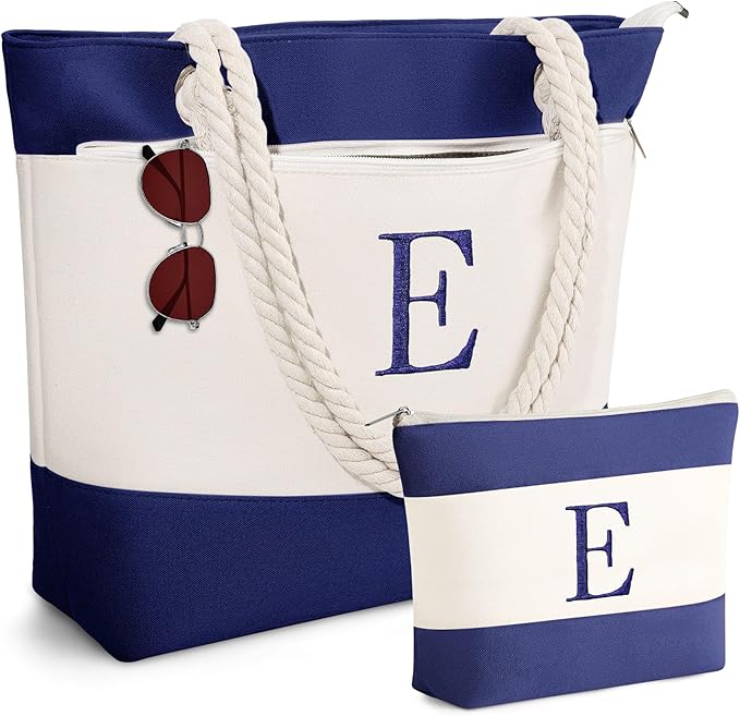 YOOLIFE Beach Bags for Women - Initial Canvas Waterproof Beach Tote Bag, Mothers Day Gifts for Women Mom Wife Friend