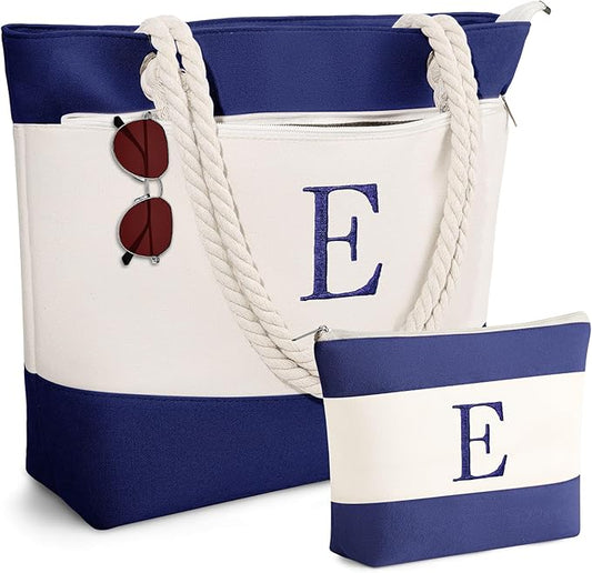 YOOLIFE Beach Bags for Women - Initial Canvas Waterproof Beach Tote Bag, Mothers Day Gifts for Women Mom Wife Friend