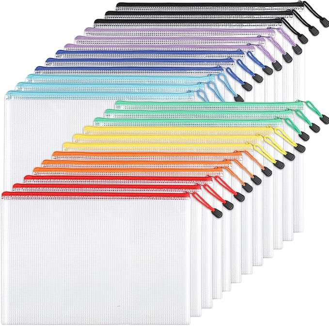EOOUT 24pcs Mesh Zipper Pouch Bags, A4 Zipper Bags for Organizing Storage, Waterproof Zipper Pouches, Letter Size, File Ba...