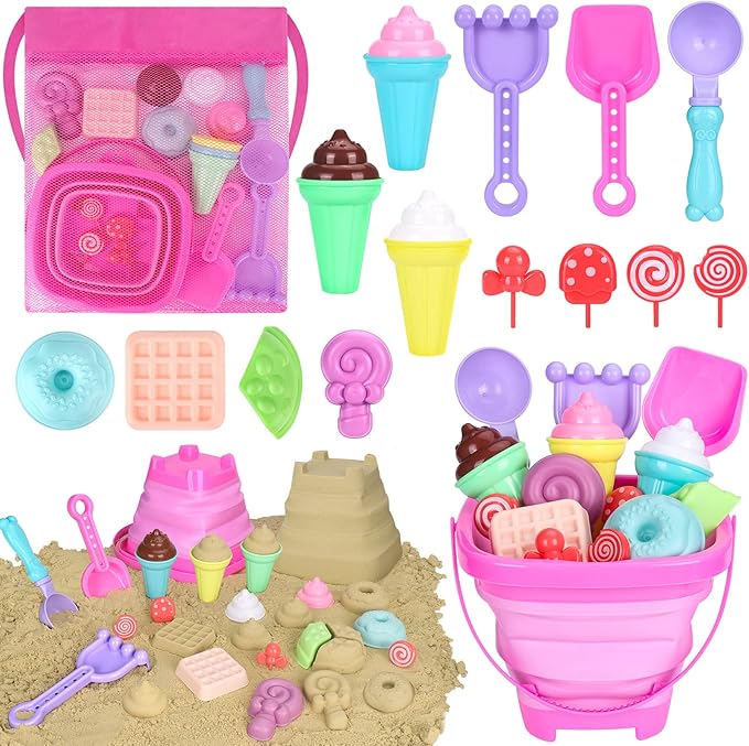Collapsible Beach Toys Set for Kids Toddlers Girls, Collapsible Sand Bucket and Shovels Set with Mesh Bag & Sand Molds, Ic...