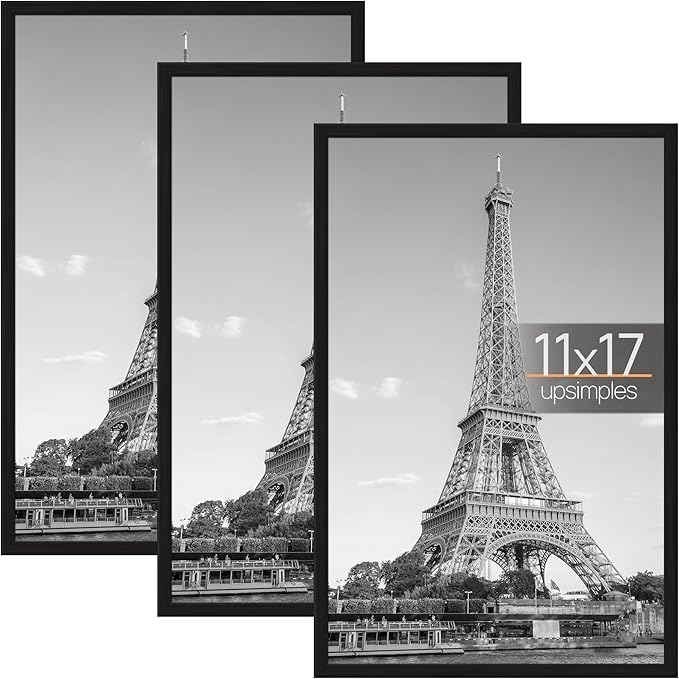 upsimples 11x17 Picture Frame Black 3 Pack, Scratch-Proof 11 x 17 Poster Frames for Photo Gallery - Slide-In Strips, Horiz...