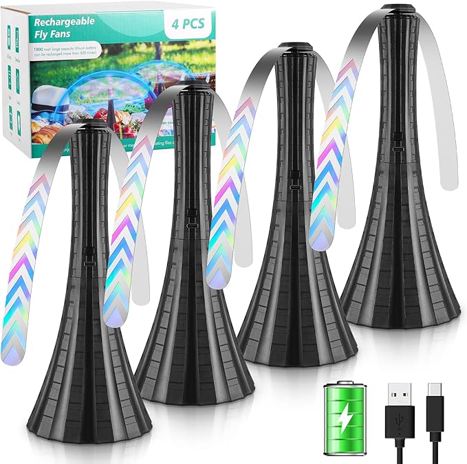 Fly Fans for Tables Rechargeable, Flies Fan to Keep Flies Away by Soft Blades, Food Fans for Camping, Picnic, Fishing, 4PC...