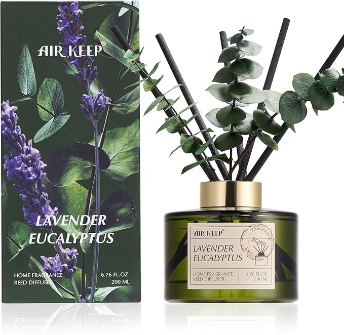 Airkeep Reed Diffuser Set with 6.76 fl oz Lavender Eucalyptus Scent Essential Oils and 3 Leaves & 8 Diffuser Sticks,Bathro...