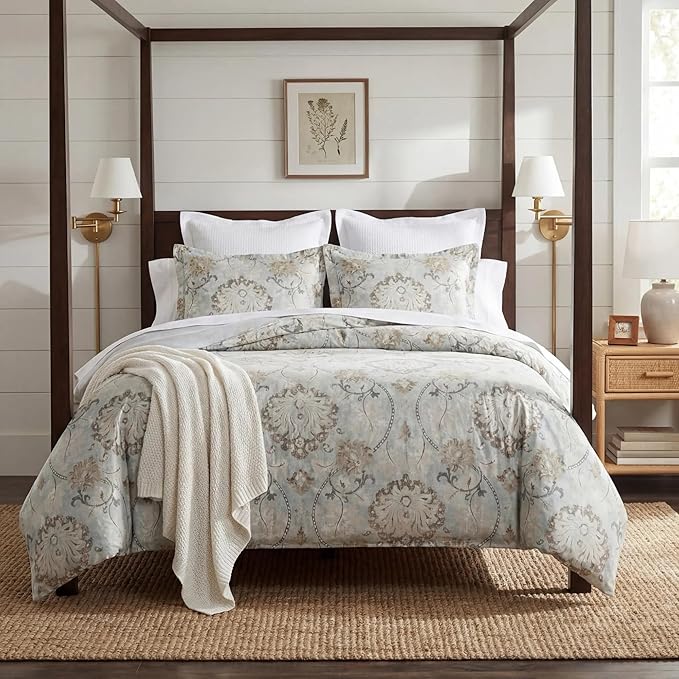 HiEnd Accents Dalia 3 Piece Linen Comforter Set, Queen Size, Light Blue Floral Bedding Set, Flower Botanical Print, Classi...