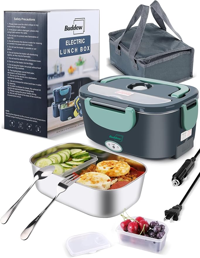 Buddew Electric Heated Lunch Box, 80W Fast Heating, 1.5L Food-Grade 304 Stainless Steel, 12V/24V/110V Portable Food Warmer...