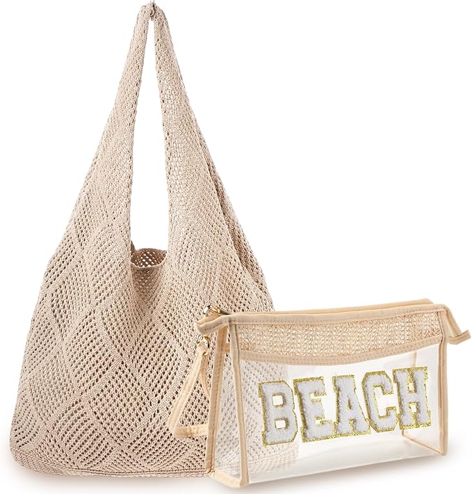 Aliceset 2 Pack Crochet Mesh Beach Tote Bag with Letter Patch Pocket Summer Beach Tote Bohemian Straw Transparent Bag
